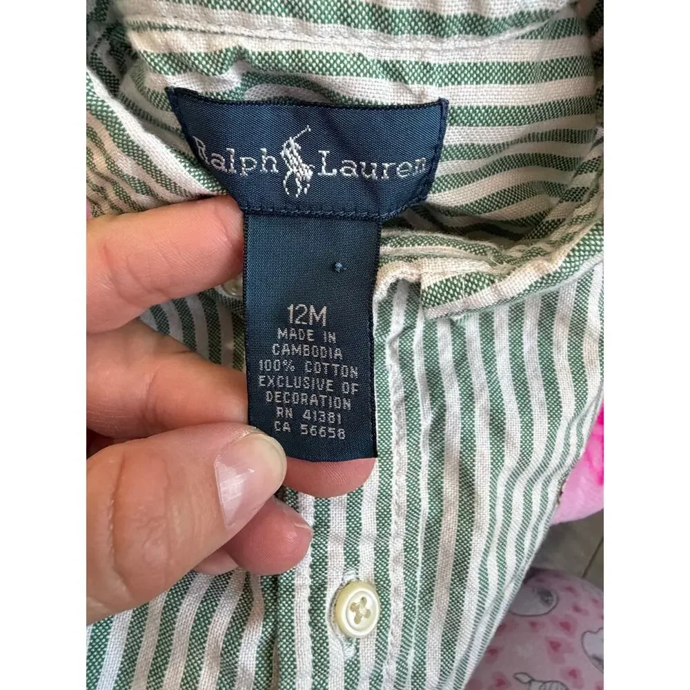 Ralph Lauren Baby Boy Button Down Shirt 12m White Green